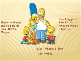 Homer e Marge
são os pais de
Lisa, Bart e
Maggie
Lisa, Maggie e
Bart são os
filhos de Marge
e Homer
Lisa, Maggie e Bart
são irmãos.
 