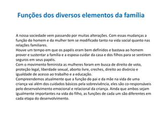 Funções dos diversos elementos da família
A nossa sociedade vem passando por muitas alterações. Com essas mudanças a
função do homem e da mulher tem se modificado tanto na vida social quanto nas
relações familiares.
Houve um tempo em que os papéis eram bem definidos e bastava ao homem
prover e sustentar a família e a esposa cuidar da casa e dos filhos para se sentirem
seguros em seus papéis.
Com o movimento feminista as mulheres foram em busca de direito de voto,
proteção legal, liberdade sexual, aborto livre, creches, direito ao divórcio e
igualdade de acesso ao trabalho e a educação.
Compreendemos atualmente que a função do pai e da mãe na vida de uma
criança vai além dos cuidados básicos pela sobrevivência, eles são co-responsáveis
pelo desenvolvimento emocional e relacional da criança. Ainda que ambos sejam
igualmente importantes na vida do filho, as funções de cada um são diferentes em
cada etapa do desenvolvimento.
 