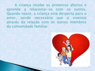 A criança recebe os primeiros afectos e
aprende a relacionar-se com os outros.
Quando nasce, a criança esta desperta para o
amor, sendo necessário que o vivencie
através da relação com os outros membros
da comunidade familiar.
 