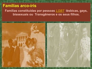 
Famílias arco-íris
Famílias constituídas por pessoas LGBT lésbicas, gays,
bissexuais ou Transgêneros e os seus filhos.
 