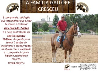 A FAMÍLIA GALLOPE
                         CRESCEU
  É com grande satisfação
que informamos que desde
    Fevereiro o instrutor
   Alex Peres dos Santos
  é a nova contratação do
      Centro Equestre
  Gallope, chegando para
     somar à equipe de
instrutores e atender todos
os alunos com a qualidade
   e a competência que o
    hipismo paranaense
          merece.
       Venha conferir.
                                                      Centro Equestre Gallope
                                         (41) 3649-4756 / www.gallope.com.br
                                                      gallope@gallope.com.br
 