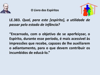 O Livro dos Espíritos

LE.383. Qual, para este [espírito], a utilidade de
passar pelo estado de infância?

“Encarnado, com o objetivo de se aperfeiçoar, o
Espírito, durante esse período, é mais acessível às
impressões que recebe, capazes de lhe auxiliarem
o adiantamento, para o que devem contribuir os
incumbidos de educá-lo.”
 