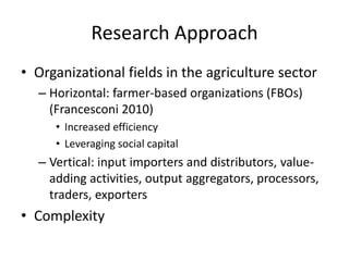 Research Approach
• Organizational fields in the agriculture sector
– Horizontal: farmer-based organizations (FBOs)
(Francesconi 2010)
• Increased efficiency
• Leveraging social capital
– Vertical: input importers and distributors, value-
adding activities, output aggregators, processors,
traders, exporters
• Complexity
 