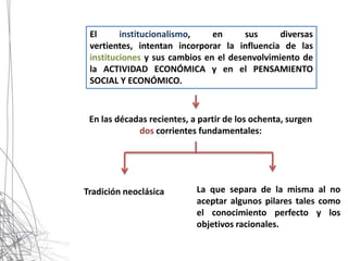 El      institucionalismo,    en      sus     diversas
 vertientes, intentan incorporar la influencia de las
 instituciones y sus cambios en el desenvolvimiento de
 la ACTIVIDAD ECONÓMICA y en el PENSAMIENTO
 SOCIAL Y ECONÓMICO.


 En las décadas recientes, a partir de los ochenta, surgen
             dos corrientes fundamentales:




Tradición neoclásica        La que separa de la misma al no
                            aceptar algunos pilares tales como
                            el conocimiento perfecto y los
                            objetivos racionales.
 