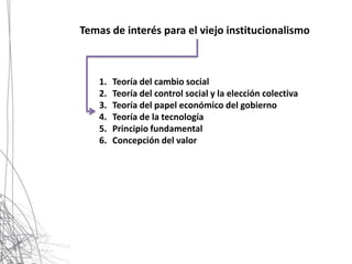 Temas de interés para el viejo institucionalismo



    1.   Teoría del cambio social
    2.   Teoría del control social y la elección colectiva
    3.   Teoría del papel económico del gobierno
    4.   Teoría de la tecnología
    5.   Principio fundamental
    6.   Concepción del valor
 