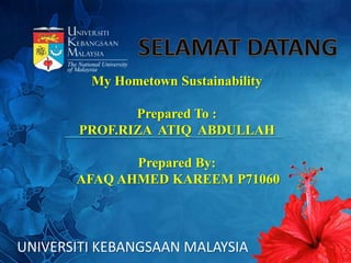 UNIVERSITI KEBANGSAAN MALAYSIA
My Hometown Sustainability
Prepared To :
PROF.RIZA ATIQ ABDULLAH
Prepared By:
AFAQ AHMED KAREEM P71060
 