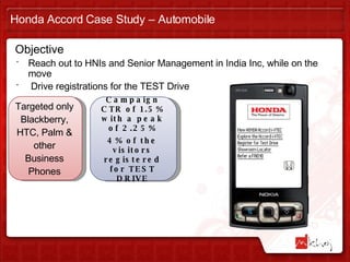 Objective Reach out to HNIs and Senior Management in India Inc, while on the move Drive registrations for the TEST Drive Honda Accord Case Study – Automobile Campaign CTR of 1.5% with a peak of 2.25% 4% of the visitors registered for TEST DRIVE Targeted only Blackberry, HTC, Palm & other Business Phones 