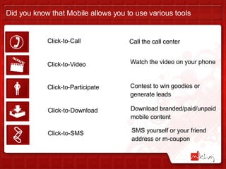 Did you know that Mobile allows you to use various tools Click-to-Call Call the call center Click-to-Video Watch the video on your phone Click-to-Participate Contest to win goodies or generate leads Click-to-Download Download branded/paid/unpaid mobile content Click-to-SMS SMS yourself or your friend address or m-coupon 