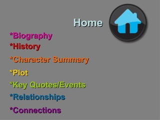 Home *History *Plot *Character Summary *Key Quotes/Events *Relationships *Connections *Biography 