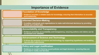 Importance of Evidence
Foundation of Knowledge
• Evidence provides a reliable basis for knowledge, ensuring that information is accurate
and trustworthy
Informed Decision-Making
• It enables individuals and organizations to make well-informed decisions by providing
factual and verified data
Accountability and Transparency
• Evidence promotes accountability and transparency, ensuring actions and claims can be
scrutinized and validated
Advancement of Science and Technology
• It drives the progress of science and technology by supporting hypotheses and enabling
reproducible experiments
Policy and Legal Justification
• Evidence is crucial in forming sound policies and legal decisions, ensuring they are
grounded in reality and fairness
 