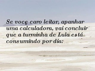 Se você,  caro leitor, apanhar uma calculadora, vai concluir que a turminha de Lula está consumindo por dia: 