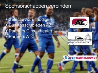 Sponsorschappen verbinden
Selectie AZ uitnodigen
Businessclubleden AZ
Partners Circustheater
Partners ATC
 