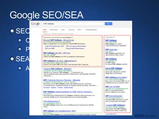 Google SEO/SEA
SEO: Zoekmachine
Organisch (niet betaald)
Puntensysteem (geheim Google)
SEA: Veiling en Casino
Advertising (wel betaald)
 