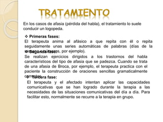 En los casos de afasia (pérdida del habla), el tratamiento lo suele
conducir un logopeda.
 Primeras fases:
El terapeuta anima al afásico a que repita con él o repita
seguidamente unas series automáticas de palabras (días de la
semana o números, por ejemplo). Segunda fase:
Se realizan ejercicios dirigidos a los trastornos del habla
característicos del tipo de afasia que se padezca. Cuando se trata
de una afasia de Broca, por ejemplo, el terapeuta practica con el
paciente la construcción de oraciones sencillas gramaticalmente
correctas. Tercera fase:
El terapeuta y el afectado intentan aplicar las capacidades
comunicativas que se han logrado durante la terapia a las
necesidades de las situaciones comunicativas del día a día. Para
facilitar esto, normalmente se recurre a la terapia en grupo.
 