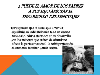 ¿ PUEDE EL AMOR DE LOS PADRES
A SUS HIJO AFECTAR EL
DESARROLLO DEL LENGUAJE?
Por supuesto que si tiene que a ver un
equilibrio en todo momento todo en exceso
hace daño, Niños afectados en su desarrollo
son los menores que sufren de abandono
,afecta la parte emocional, la sobreprotección,
el ambiente familiar donde se crie.
 