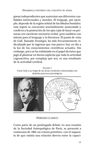 15 
DESARROLLO HISTÓRICO DEL CONCEPTO DE AFASIA 
ganos independientes que sustentan sus diferentes cua-lidades 
intelectuales y morales. El lenguaje, por ejem-plo, 
depende de la región orbital de los lóbulos frontales; 
esta región se encuentra anormalmente aumentada y 
conlleva a la protrución de los ojos (ojos de buey) en per-sonas 
con excelente memoria verbal, pero también con 
talento para el lenguaje y la literatura. El punto de vista 
de Gall, llamado frenología, ha sido frecuentemente ri-diculizado 
por lo ingenuo que nos parece hoy en día a 
la luz de los conocimientos científicos actuales. Sin 
embargo, poco se ha enfatizado en el papel decisivo que 
jugó al plantear en forma explícita que toda la actividad 
cognoscitiva, por compleja que sea, es una resultante 
de la actividad cerebral. 
FIGURA 1 
Franz Gall y su mapa de las áreas cerebrales relacionadas con 
distintos procesos psicológicos 
PERIODO CLÁSICO 
Como parte de un prolongado debate en una reunión 
de la Sociedad Antropológica de París, se presentó a 
comienzos de 1861 un cráneo primitivo, con el supues-to 
de que existía una relación directa entre la capaci- 
 