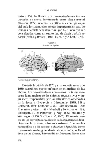 Fuente: Dejerine (1892). 
158 
LAS AFASIAS 
lectura. Esto ha llevado a la propuesta de una tercera 
variedad de alexia denominada como alexia frontal 
(Benson, 1977). Además, las dificultades de tipo espa-cial 
en la lectura pueden ser tan importantes en caso de 
lesiones hemisféricas derechas, que bien merecen ser 
consideradas como un cuarto tipo de alexia o alexia es-pacial 
(Ardila y Rosselli, 1994; Hécaen y Albert, 1978). 
FIGURA 2 
Alexia sin agrafia 
Durante la década de 1970 y muy especialmente de 
1980, surgió un nuevo enfoque en el análisis de las 
alexias. Los investigadores comenzaron a interesarse 
sobre la naturaleza de los defectos cognoscitivos y lin-güísticos 
responsables por las dificultades observadas 
en la lectura (Beauvois y Dérouesné, 1979, 1981; 
Coltheart, 1980; Coltheart et al., 1983; Friedman, 1988; 
Friedman y Albert, 1985; Marshall y Newcombe, 1973; 
Patterson, 1978; Patterson y Kay, 1982; Shallice y 
Warrington, 1980; Shallice et al., 1983). El interés cam-bió 
de los correlatos anatómicos de los trastornos adqui-ridos 
en la lectura, a los mecanismos funcionales 
resposables de las alexias o dislexias adquiridas, como 
usualmente se designan dentro de este enfoque. En el 
área de las alexias, hoy en día es frecuente hacer una 
 