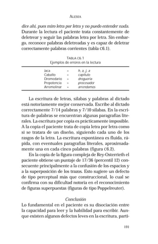 dice ahí, pues miro letra por letra y no puedo entender nada. 
Durante la lectura el paciente trata constantemente de 
deletrear y seguir las palabras letra por letra. Sin embar-go, 
reconoce palabras deletreadas y es capaz de deletrar 
191 
ALEXIA 
correctamente palabras corrientes (tabla C6.1). 
TABLA C6.1 
Ejemplos de errores en la lectura 
Jaca = h, a, j, a 
Caballo = capítulo 
Dromedario = droguería 
Prepotencia = procesador 
Arremolinar = arrendamos 
La escritura de letras, sílabas y palabras al dictado 
está notoriamente mejor conservada. Escribe al dictado 
correctamente 7/14 palabras y 7/10 sílabas. En la escri-tura 
de palabras se encuentran algunas paragrafias lite-rales. 
La escritura por copia es prácticamente imposible. 
A la copia el paciente trata de copia letra por letra como 
si se tratara de un diseño, siguiendo cada uno de los 
rasgos de la letra. La escritura espontánea es fluida, rá-pida, 
con eventuales paragrafias literales, aproximada-mente 
una en cada cinco palabras (figura C6.2). 
En la copia de la figura compleja de Rey-Osterrieth el 
paciente obtiene un puntaje de 17/36 (percentil 12) con-secuente 
principalmente a la confusión de los espacios y 
a la superposición de los trazos. Esto sugiere un defecto 
de tipo perceptual más que construccional, lo cual se 
confirma con su dificultad notoria en el reconocimiento 
de figuras superpuestas (figuras de tipo Poppelreuter). 
Conclusión 
Lo fundamental en el paciente es su disociación entre 
la capacidad para leer y la habilidad para escribir. Aun-que 
existen algunos defectos leves en la escritura, parti- 
 