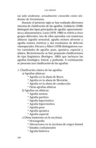 196 
LAS AFASIAS 
un solo síndrome, actualmente conocido como sín-drome 
de Gerstmann. 
Durante el presente siglo se han realizado diferentes 
intentos de clasificación de las agrafias. Goldstein (1948) 
distinguió dos tipos principales de agrafia: apractoamné-sica 
y afasoamnésica. Luria (1976, 1980) se refirió a cinco 
grupos diferentes, tres de ellos asociados con trastornos 
afásicos (agrafia sensorial, agrafia motora aferente y 
agrafia motora cinética) y dos resultantes de defectos 
visoespaciales. Hécaen y Albert (1978) distinguieron cua-tro 
variedades de agrafia: pura, apráxica, espacial y 
afásica. Recientemente se han propuesto clasificaciones 
de tipo lingüístico (Roeltgen, 1985) que incluyen las 
agrafias fonológica, lexical, y profunda. A continuación 
se presenta una clasificación de las agrafias: 
1. Clasificación clásica de las agrafias. 
a) Agrafias afásicas: 
* Agrafia en la afasia de Broca 
* Agrafia en la afasia de Wernicke 
* Agrafia en la afasia de conducción 
* Otras agrafias afásicas 
b) Agrafias no afásicas: 
* Agrafia motora 
* Agrafia parética 
* Agrafia hipocinética 
* Agrafia hipercinética 
* Agrafia pura 
* Agrafia apráxica 
* Agrafia espacial 
c) Otros trastornos en la escritura: 
* Hemiagrafia 
* Alteraciones en la escritura de origen frontal 
* Estados confusionales 
* Agrafia histérica 
 