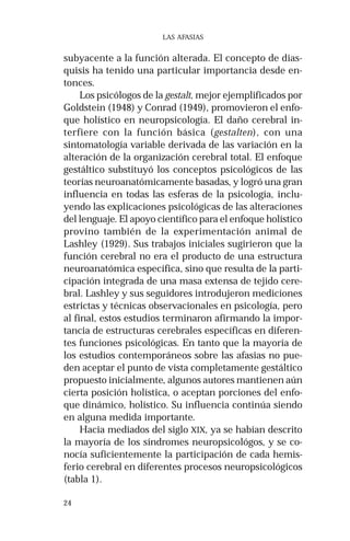 24 
LAS AFASIAS 
subyacente a la función alterada. El concepto de dias-quisis 
ha tenido una particular importancia desde en-tonces. 
Los psicólogos de la gestalt, mejor ejemplificados por 
Goldstein (1948) y Conrad (1949), promovieron el enfo-que 
holístico en neuropsicología. El daño cerebral in-terfiere 
con la función básica (gestalten), con una 
sintomatología variable derivada de las variación en la 
alteración de la organización cerebral total. El enfoque 
gestáltico substituyó los conceptos psicológicos de las 
teorías neuroanatómicamente basadas, y logró una gran 
influencia en todas las esferas de la psicología, inclu-yendo 
las explicaciones psicológicas de las alteraciones 
del lenguaje. El apoyo científico para el enfoque holístico 
provino también de la experimentación animal de 
Lashley (1929). Sus trabajos iniciales sugirieron que la 
función cerebral no era el producto de una estructura 
neuroanatómica específica, sino que resulta de la parti-cipación 
integrada de una masa extensa de tejido cere-bral. 
Lashley y sus seguidores introdujeron mediciones 
estrictas y técnicas observacionales en psicología, pero 
al final, estos estudios terminaron afirmando la impor-tancia 
de estructuras cerebrales específicas en diferen-tes 
funciones psicológicas. En tanto que la mayoría de 
los estudios contemporáneos sobre las afasias no pue-den 
aceptar el punto de vista completamente gestáltico 
propuesto inicialmente, algunos autores mantienen aún 
cierta posición holística, o aceptan porciones del enfo-que 
dinámico, holístico. Su influencia continúa siendo 
en alguna medida importante. 
Hacia mediados del siglo XIX, ya se habían descrito 
la mayoría de los síndromes neuropsicológos, y se co-nocía 
suficientemente la participación de cada hemis-ferio 
cerebral en diferentes procesos neuropsicológicos 
(tabla 1). 
 
