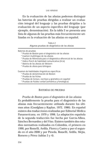 254 
LAS AFASIAS 
En la evaluación de las afasias podemos distinguir 
las baterías de pruebas dirigidas a realizar un evalua-ción 
integral del lenguaje y las pruebas dirigidas a la 
evaluación de un aspecto específico del lenguaje (por 
ejemplo, denominación). En la tabla 2 se presenta una 
lista de algunas de las pruebas más frecuentemente uti-lizadas 
en la evaluación de las afasias en español. 
TABLA 2 
Algunas pruebas de diagnóstico de las afasias 
Baterías de pruebas 
* Prueba de Boston para el diagnóstico de las afasias 
* Examen multilingüe de las afasias 
* Prueba de Minnesota para el diagnóstico diferencial de las afasias 
* Índice Porch de habilidad comunicativa (PICA) 
* Batería de las afasias de Western 
* Prueba de afasia para bilingües 
Examen de habilidades lingüísticas específicas 
* Prueba de denominación de Boston 
* Prueba de las fichas 
* Pruebas de lectura, escritura y gramática en español 
* Pruebas de fluidez verbal (semántica y fonológica) 
BATERÍAS DE PRUEBAS 
Prueba de Boston para el diagnóstico de las afasias 
Es probablemente la prueba para el diagnóstico de las 
afasias más frecuentemente utilizada durante los últi-mos 
años (Goodglass y Kaplan, 1972, 1986). En español 
existen dos traducciones realizadas por Editorial Médica 
Panamericana, en 1979 y 1996. La adaptación española 
de la segunda traducción fue hecha por García-Albea, 
Sánchez Bernardos y del Viso. Existen también dos estu-dios 
normativos realizados en Colombia, el primero en 
1990, por Rosselli, Ardila, Florez y Castro y por el segun-do 
en el año 2000 y por Pineda, Rosselli, Ardila, Mejía, 
Romero y Pérez (tablas 3 y 4). 
 