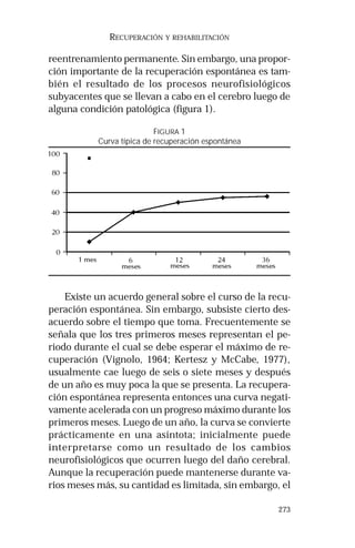 273 
RECUPERACIÓN Y REHABILITACIÓN 
reentrenamiento permanente. Sin embargo, una propor-ción 
importante de la recuperación espontánea es tam-bién 
el resultado de los procesos neurofisiológicos 
subyacentes que se llevan a cabo en el cerebro luego de 
alguna condición patológica (figura 1). 
FIGURA 1 
Curva típica de recuperación espontánea 
Existe un acuerdo general sobre el curso de la recu-peración 
espontánea. Sin embargo, subsiste cierto des-acuerdo 
sobre el tiempo que toma. Frecuentemente se 
señala que los tres primeros meses representan el pe-riodo 
durante el cual se debe esperar el máximo de re-cuperación 
(Vignolo, 1964; Kertesz y McCabe, 1977), 
usualmente cae luego de seis o siete meses y después 
de un año es muy poca la que se presenta. La recupera-ción 
espontánea representa entonces una curva negati-vamente 
acelerada con un progreso máximo durante los 
primeros meses. Luego de un año, la curva se convierte 
prácticamente en una asíntota; inicialmente puede 
interpretarse como un resultado de los cambios 
neurofisiológicos que ocurren luego del daño cerebral. 
Aunque la recuperación puede mantenerse durante va-rios 
meses más, su cantidad es limitada, sin embargo, el 
 
