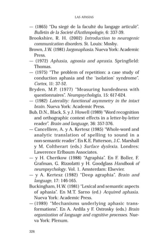 326 
LAS AFASIAS 
— (1865) “Du siegé de la faculté du langage articulé”. 
Bulletin de la Societé d’Anthropologie, 6: 337-39. 
Brookshire, R. H. (2002) Introduction to neurogenic 
communication disorders. St. Louis: Mosby. 
Brown, J.W. (1981) Jargonaphasia. Nueva York: Academic 
Press. 
— (1972) Aphasia, agnosia and apraxia. Springfield: 
Thomas. 
— (1975) “The problem of repetition: a case study of 
conduction aphasia and the ‘isolation’ syndrome”. 
Cortex, 11: 37-52. 
Bryden, M.P. (1977) “Measuring handedness with 
questionnaires”. Neuropsychologia, 15: 617-624. 
— (1982) Laterality: functional asymmetry in the intact 
brain. Nueva York: Academic Press. 
Bub, D.N., Black, S. y J. Howell (1989) “Word recognition 
and orthographic context effects in a letter-by-letter 
reader”. Brain and language, 36: 357-376. 
— Cancelliere, A. y A. Kertesz (1985) “Whole-word and 
analytic translation of spelling to sound in a 
non-semantic reader”. En K.E. Patterson, J.C. Marshall 
y M. Coltherart (eds.) Surface dyslexia. Londres: 
Lawerence Erlbaum Associates. 
— y H. Chertkow (1988) “Agraphia”. En F. Boller, F. 
Grafman, G. Rizzolatti y H. Goodglass Handbook of 
neuropsychology. Vol. 1. Amsterdam: Elsevier. 
— y A. Kertesz (1982) “Deep agraphia”. Brain and 
language, 17: 146-165. 
Buckingham, H.W. (1981) “Lexical and semantic aspects 
of aphasia”. En M.T. Sarno (ed.) Acquired aphasia. 
Nueva York: Academic Press. 
—(1989) “Mechanisms underlying aphasic trans-formations”. 
En A. Ardila y F. Ostrosky (eds.) Brain 
organization of language and cognitive processes. Nue-va 
York: Plenum. 
 