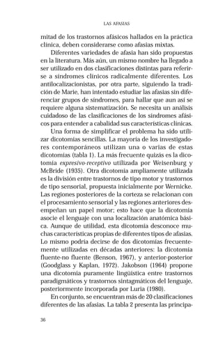 36 
LAS AFASIAS 
mitad de los trastornos afásicos hallados en la práctica 
clínica, deben considerarse como afasias mixtas. 
Diferentes variedades de afasia han sido propuestas 
en la literatura. Más aún, un mismo nombre ha llegado a 
ser utilizado en dos clasificaciones distintas para referir-se 
a síndromes clínicos radicalmente diferentes. Los 
antilocalizacionistas, por otra parte, siguiendo la tradi-ción 
de Marie, han intentado estudiar las afasias sin dife-renciar 
grupos de síndromes, para hallar que aun así se 
requiere alguna sistematización. Se necesita un análisis 
cuidadoso de las clasificaciones de los síndromes afási-cos 
para entender a cabalidad sus características clínicas. 
Una forma de simplificar el problema ha sido utili-zar 
dicotomías sencillas. La mayoría de los investigado-res 
contemporáneos utilizan una o varias de estas 
dicotomías (tabla 1). La más frecuente quizás es la dico-tomía 
expresivo-receptivo utilizada por Weisenburg y 
McBride (1935). Otra dicotomía ampliamente utilizada 
es la división entre trastornos de tipo motor y trastornos 
de tipo sensorial, propuesta inicialmente por Wernicke. 
Las regiones posteriores de la corteza se relacionan con 
el procesamiento sensorial y las regiones anteriores des-empeñan 
un papel motor; esto hace que la dicotomía 
asocie el lenguaje con una localización anatómica bási-ca. 
Aunque de utilidad, esta dicotomía desconoce mu-chas 
características propias de diferentes tipos de afasias. 
Lo mismo podría decirse de dos dicotomías frecuente-mente 
utilizadas en décadas anteriores: la dicotomía 
fluente-no fluente (Benson, 1967), y anterior-posterior 
(Goodglass y Kaplan, 1972). Jakobson (1964) propone 
una dicotomía puramente lingüística entre trastornos 
paradigmáticos y trastornos sintagmáticos del lenguaje, 
posteriormente incorporada por Luria (1980). 
En conjunto, se encuentran más de 20 clasificaciones 
diferentes de las afasias. La tabla 2 presenta las principa- 
 