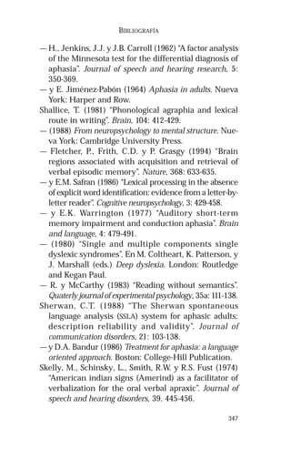 347 
BIBLIOGRAFÍA 
—H., Jenkins, J.J. y J.B. Carroll (1962) “A factor analysis 
of the Minnesota test for the differential diagnosis of 
aphasia”. Journal of speech and hearing research, 5: 
350-369. 
— y E. Jiménez-Pabón (1964) Aphasia in adults. Nueva 
York: Harper and Row. 
Shallice, T. (1981) “Phonological agraphia and lexical 
route in writing”. Brain, 104: 412-429. 
— (1988) From neuropsychology to mental structure. Nue-va 
York: Cambridge University Press. 
— Fletcher, P., Frith, C.D. y P. Grasgy (1994) “Brain 
regions associated with acquisition and retrieval of 
verbal episodic memory”. Nature, 368: 633-635. 
— y E.M. Safran (1986) “Lexical processing in the absence 
of explicit word identification: evidence from a letter-by-letter 
reader”. Cognitive neuropsychology, 3: 429-458. 
— y E.K. Warrington (1977) “Auditory short-term 
memory impairment and conduction aphasia”. Brain 
and language, 4: 479-491. 
— (1980) “Single and multiple components single 
dyslexic syndromes”. En M. Coltheart, K. Patterson, y 
J. Marshall (eds.) Deep dyslexia. London: Routledge 
and Kegan Paul. 
— R. y McCarthy (1983) “Reading without semantics”. 
Quaterly journal of experimental psychology, 35a: 111-138. 
Sherwan, C.T. (1988) “The Sherwan spontaneous 
language analysis (SSLA) system for aphasic adults: 
description reliability and validity”. Journal of 
communication disorders, 21: 103-138. 
— y D.A. Bandur (1986) Treatment for aphasia: a language 
oriented approach. Boston: College-Hill Publication. 
Skelly, M., Schinsky, L., Smith, R.W. y R.S. Fust (1974) 
“American indian signs (Amerind) as a facilitator of 
verbalization for the oral verbal apraxic”. Journal of 
speech and hearing disorders, 39. 445-456. 
 