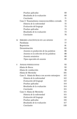 Pruebas aplicadas 
Resultados de la evaluación 
Conclusión 
Caso 2: Traumatismo craneocencefálico cerrado 
Historia de la enfermedad 
Evaluación del lenguaje 
Pruebas aplicadas 
Resultados de la evaluación 
Conclusión 
IV ERRORES LINGÜÍSTICOS EN LAS AFASIAS 
Parafasias 
Repetición 
Denominación 
Anomia en producción de las palabras 
Anomia en la selección de las palabras 
Anomia semántica 
Tipos especiales de anomia 
V AFASIAS PERISILVIANAS 
Afasia de Broca 
Afasia de conducción 
Afasia de Wernicke 
Caso 3: Afasia de Broca con acento extranjero 
Historia de la enfermedad 
Evaluación del lenguaje 
Pruebas aplicadas 
Resultados de la evaluación 
Conclusión 
Caso 4: Afasia de Wernicke 
Historia de la enfermedad 
Evaluación del lenguaje 
Pruebas aplicadas 
Resultados de la evaluación 
Conclusión 
69 
69 
71 
72 
72 
73 
73 
73 
76 
77 
77 
81 
85 
86 
88 
89 
89 
93 
93 
98 
105 
112 
112 
112 
114 
114 
115 
115 
115 
116 
116 
117 
120 
 