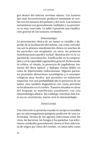 58 
LAS AFASIAS 
gen dentro del sistema nervioso mismo. Los tumores 
que más frecuentemente producen metástasis al cere-bro 
son los tumores del pulmón y del seno. Los tumores 
metastásicos son generalmente múltiples y su pronósti-co 
es muy reservado. La tabla 3 presenta una clasifica-ción 
general de los tumores cerebrales. 
Sintomatología 
La presentación clínica de un tumor es variable y de-pende 
de la localización del mismo. Las crisis convulsi-vas 
son la primera manifestación clínica en muchos de 
los pacientes con neoplasias; en otros, las primeras 
manifestaciones pueden incluir: disminución en la ca-pacidad 
de concentración, lentificación en la compren-sión 
y en la capacidad cognoscitiva general. Es frecuente 
la cefalea, el vómito, la presencia de papiledema (au-mento 
del disco óptico), y diplopía (visión doble) en 
casos de hipertensión endocraneana. Algunos pacien-tes 
presentan alteraciones neurológicas y/o neuropsi-cológicas 
muy focales, que permiten no solamente 
sospechar con una probabilidad alta la presencia de un 
tumor, sino también diagnosticar con cierta precisión 
su localización en el cerebro. Tumores situados en áreas 
del lenguaje se manifiestan usualmente con una 
sintomatología afásica. Sin embargo, mientras más len-to 
sea su crecimiento, menor será la sintomatología. 
INFECCIONES 
Una infección se presenta cuando el cuerpo es invadido 
por un microorganismo patógeno productor de una en-fermedad. 
Dentro de los agentes infecciosos están los 
virus, las bacterias, los hongos y los parásitos. Las infec-ciones 
cerebrales generalmente tienen el foco infeccio-so 
de origen por fuera del cerebro, en sitios tales como 
 