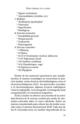 65 
DAÑO CEREBRAL EN LA AFASIA 
* Signos cerebelosos 
* Anormalidades (temblor, etc.) 
7. Reflejos: 
* Tendiniosos (profundos) 
* Viscerales 
* Superficiales 
* Patológicos 
8. Función sensorial: 
* Sensibilidad general 
* Propiocepción 
* Grafestesia 
* Estereognosis 
9. Nervios craneales: 
* I Olfatorio 
* II Óptico 
* III-IV-VI Oculomotor, troclear, abduceno 
* V-VII Trigeminal, facial 
* VIII Auditivo vestibular 
* IX-X Glosofaringeo, vago 
* XI Espinal accesorio 
* XII Hipogloso 
Dentro de los exámenes paraclínicos que comple-mentan 
al examen neurológico se encuentran la pun-ción 
lumbar, varias técnicas electrofisiológicas como el 
electroencefalograma (EEG), los potenciales evocados, 
y el electromiograma; algunas técnicas radiológicas 
como la angiografía, la neumografía, la tomografía axial 
computarizada y la resonancia magnética. 
El EEG consiste en obtener una muestra de la activi-dad 
eléctrica de la corteza cerebral por medio de elec-trodos 
colocados sobre el cuero cabelludo. Existe un 
sistema estandarizado para colocar los electrodos cono-cido 
como el sistema internacional 10-20. Cada uno de 
los 21 electrodos tiene un nombre dependiendo de su 
 