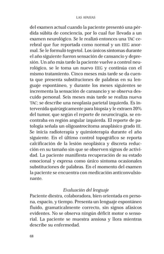68 
LAS AFASIAS 
del examen actual cuando la paciente presentó una pér-dida 
súbita de conciencia, por lo cual fue llevada a un 
examen neurológico. Se le realizó entonces una TAC ce-rebral 
que fue reportada como normal y un EEG anor-mal. 
Se le formuló tegretol. Los únicos síntomas durante 
el año siguiente fueron sensación de cansancio y depre-sión. 
Un año más tarde la paciente vuelve a control neu-rológico, 
se le toma un nuevo EEG y continúa con el 
mismo tratamiento. Cinco meses más tarde se da cuen-ta 
que presenta substituciones de palabras en su len-guaje 
espontáneo, y durante los meses siguientes se 
incrementa la sensación de cansancio y se observa des-cuido 
personal. Seis meses más tarde se realiza nueva 
TAC; se describe una neoplasia parietal izquierda. Es in-tervenida 
quirúrgicamente para biopsia y le extraen 20% 
del tumor, que según el reporte de neurocirugía, se en-contraba 
en región angular izquierda. El reporte de pa-tología 
señala un oligoastrocitoma anaplásico grado III. 
Se inicia radioterapia y quimioterapia durante el año 
siguiente. En el último control topográfico se reporta 
calcificación de la lesión neoplásica y discreta reduc-ción 
en su tamaño sin que se observen signos de activi-dad. 
La paciente manifiesta recuperación de su estado 
emocional y expresa como único síntoma ocasionales 
substituciones de palabras. En el momento del examen 
la paciente se encuentra con medicación anticonvulsio-nante. 
Evaluación del lenguaje 
Paciente diestra, colaboradora, bien orientada en perso-na, 
espacio, y tiempo. Presenta un lenguaje espontáneo 
fluido, gramaticalmente correcto, sin signos afásicos 
evidentes. No se observa ningún déficit motor o senso-rial. 
La paciente se muestra ansiosa y llora mientras 
describe su enfermedad. 
 