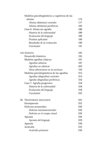 Modelos psicolingüísticos y cognitivos de las 
alexias 
Alexias (dislexias) centrales 
Alexias (dislexias) periféricas 
Caso 6: Alexia sin agrafia 
Historia de la enfermedad 
Evaluación del lenguaje 
Pruebas aplicadas 
Resultados de la evaluación 
Conclusión 
VIII AGRAFIA 
Desarrollo histórico 
Modelos agráfios clásicos 
Agrafias afásicas 
Agrafias no afásicas 
Otras alteraciones en la escritura 
Modelos psicolingüísticos de las agrafias 
Agrafias (disgrafias) centrales 
Agrafia (disgrafias) periféricas 
Caso 7. Agrafia progresiva 
Historia de la enfermedad 
Evaluación del lenguaje 
Conclusión 
IX TRASTORNOS ASOCIADOS 
Hemiparesia 
Defectos sensoriales 
Defectos somatosensoriales 
Defectos en el campo visual 
Apraxia 
Apraxia del lenguaje 
Agnosia 
Acalculia 
Acalculia primaria 
174 
177 
183 
188 
188 
189 
190 
190 
191 
195 
195 
197 
197 
203 
210 
213 
213 
216 
218 
218 
218 
222 
225 
225 
226 
226 
226 
226 
229 
230 
235 
236 
 
