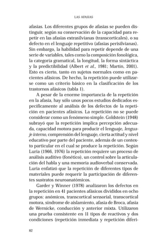82 
LAS AFASIAS 
afasias. Los diferentes grupos de afasias se pueden dis-tinguir, 
según su conservación de la capacidad para re-petir 
en las afasias extrasilvianas (transcorticales), o su 
defecto en el lenguaje repetitivo (afasias perisilvianas). 
Sin embargo, la habilidad para repetir depende de una 
serie de variables, tales como la composición fonológica, 
la categoría gramatical, la longitud, la forma sintáctica 
y la predictibilidad (Albert et al., 1981; Martín, 2001). 
Esto es cierto, tanto en sujetos normales como en pa-cientes 
afásicos. De hecho, la repetición puede utilizar-se 
como un criterio básico en la clasificación de los 
trastornos afásicos (tabla 1). 
A pesar de la enorme importancia de la repetición 
en la afasia, hay sólo unos pocos estudios dedicados es-pecíficamente 
al análisis de los defectos de la repeti-ción 
en pacientes afásicos. La repetición no se puede 
considerar como un fenómeno simple. Goldstein (1948) 
subrayó que la repetición implica percepción adecua-da, 
capacidad motora para producir el lenguaje, lengua-je 
interno, comprensión del lenguaje, cierta actitud y nivel 
educativo por parte del paciente, además de un contex-to 
particular en el cual se produce la repetición. Según 
Luria (1966, 1976) la repetición requiere un proceso de 
análisis auditivo (fonético), un control sobre la articula-ción 
del habla y una memoria audioverbal conservada. 
Luria enfatizó que la repetición de diferentes tipos de 
materiales puede requerir la participación de diferen-tes 
sustratos neuroanatómicos. 
Garder y Winner (1978) analizaron los defectos en 
la repetición en 41 pacientes afásicos divididos en ocho 
grupos: anómicos, transcortical sensorial, transcortical 
motora, síndrome de aislamiento, afasia de Broca, afasia 
de Wernicke, conducción y anterior mixta. Utilizaron 
una prueba consistente en 11 tipos de reactivos y dos 
condiciones (repetición inmediata y repetición diferi- 
 