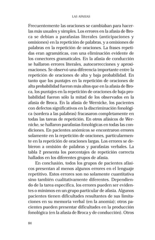 84 
LAS AFASIAS 
Frecuentemente las oraciones se cambiaban para hacer-las 
más usuales y simples. Los errores en la afasia de Bro-ca 
se debían a parafasias literales (anticipaciones y 
omisiones) en la repetición de palabras, y a omisiones de 
palabras en la repetición de oraciones. La frases repeti-das 
eran agramáticas, con una eliminación evidente de 
los conectores gramaticales. En la afasia de conducción 
se hallaron errores literales, autocorrecciones y aproxi-maciones. 
Se observó una diferencia importante entre la 
repetición de oraciones de alta y baja probabilidad. En 
tanto que los puntajes en la repetición de oraciones de 
alta probabilidad fueron más altos que en la afasia de Bro-ca, 
los puntajes en la repetición de oraciones de baja pro-babilidad 
fueron sólo la mitad de los observados en la 
afasia de Broca. En la afasia de Wernicke, los pacientes 
con defectos significativos en la discriminación fonológi-ca 
(sordera a las palabras) fracasaron completamente en 
todas las tareas de repetición. En otros afásicos de Wer-nicke, 
se hallaron parafasias fonológicas en todas las con-diciones. 
En pacientes anómicos se encontraron errores 
solamente en la repetición de oraciones, particularmen-te 
en la repetición de oraciones largas. Los errores se de-bieron 
a omisión de palabras y parafasias verbales. La 
tabla 2 presenta los porcentajes de repetición correcta 
hallados en los diferentes grupos de afasia. 
En conclusión, todos los grupos de pacientes afási-cos 
presentan al menos algunos errores en el lenguaje 
repetitivo. Estos errores son no solamente cuantitativa 
sino también cualitativamente diferentes. Dependien-do 
de la tarea específica, los errores pueden ser eviden-tes 
o mínimos en un grupo particular de afasia. Algunos 
pacientes tienen dificultades resultantes de sus limita-ciones 
en su memoria verbal (en la anomia); otros pa-cientes 
pueden presentar dificultades en la producción 
fonológica (en la afasia de Broca y de conducción). Otros 
 