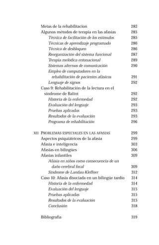 Metas de la rehabilitacion 
Algunos métodos de terapia en las afasias 
Técnica de facilitación de los estímulos 
Técnicas de aprendizaje programado 
Técnica de desbloqueo 
Reorganización del sistema funcional 
Terapia melódica entonacional 
Sistemas alternos de comunicación 
Empleo de computadores en la 
rehabilitación de pacientes afásicos 
Lenguaje de signos 
Caso 9: Rehabilitación de la lectura en el 
síndrome de Balint 
Historia de la enfermedad 
Evaluación del lenguaje 
Pruebas aplicadas 
Resultados de la evaluación 
Programa de rehabilitación 
XII PROBLEMAS ESPECIALES EN LAS AFASIAS 
Aspectos psiquiátricos de la afasia 
Afasia e inteligencia 
Afasias en bilingües 
Afasias infantiles 
Afasia en niños como consecuencia de un 
daño cerebral focal 
Síndrome de Landau-Kleffner 
Caso 10: Afasia disociada en un bilingüe tardío 
Historia de la enfermedad 
Evaluación del lenguaje 
Pruebas aplicadas 
Resultados de la evaluación 
Conclusión 
Bibliografía 
282 
285 
285 
286 
286 
287 
289 
290 
291 
292 
292 
292 
293 
293 
293 
296 
299 
299 
303 
306 
309 
309 
312 
314 
314 
315 
315 
315 
318 
319 
 