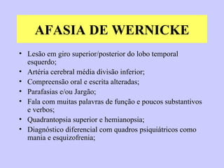 AFASIA DE WERNICKE Lesão em giro superior/posterior do lobo temporal esquerdo; Artéria cerebral média divisão inferior; Compreensão oral e escrita alteradas; Parafasias e/ou Jargão; Fala com muitas palavras de função e poucos substantivos e verbos; Quadrantopsia superior e hemianopsia; Diagnóstico diferencial com quadros psiquiátricos como mania e esquizofrenia; 