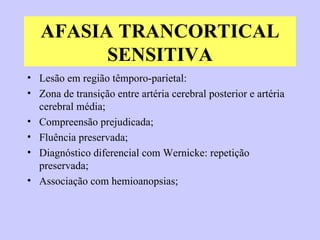 AFASIA TRANCORTICAL SENSITIVA Lesão em região têmporo-parietal: Zona de transição entre artéria cerebral posterior e artéria cerebral média;  Compreensão prejudicada; Fluência preservada; Diagnóstico diferencial com Wernicke: repetição preservada;  Associação com hemioanopsias; 