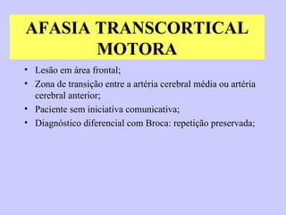 AFASIA TRANSCORTICAL MOTORA Lesão em área frontal; Zona de transição entre a artéria cerebral média ou artéria cerebral anterior; Paciente sem iniciativa comunicativa; Diagnóstico diferencial com Broca: repetição preservada; 