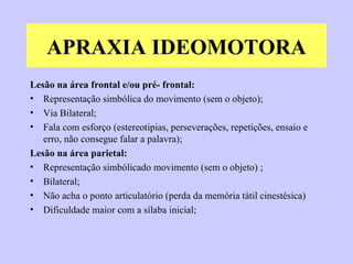 APRAXIA IDEOMOTORA Lesão na área frontal e/ou pré- frontal: Representação simbólica do movimento (sem o objeto); Via Bilateral; Fala com esforço (estereotipias, perseverações, repetições, ensaio e erro, não consegue falar a palavra); Lesão na área parietal: Representação simbólicado movimento (sem o objeto) ; Bilateral; Não acha o ponto articulatório (perda da memória tátil cinestésica) Dificuldade maior com a sílaba inicial; 