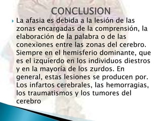 

La afasia es debida a la lesión de las
zonas encargadas de la comprensión, la
elaboración de la palabra o de las
conexiones entre las zonas del cerebro.
Siempre en el hemisferio dominante, que
es el izquierdo en los individuos diestros
y en la mayoría de los zurdos. En
general, estas lesiones se producen por.
Los infartos cerebrales, las hemorragias,
los traumatismos y los tumores del
cerebro

 