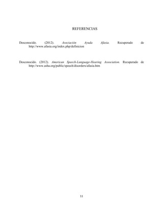 REFERENCIAS


Desconocido.     (2012).       Asociación        Ayuda   Afasia.   Recuperado   de
      http://www.afasia.org/index.php/definicion



Desconocido. (2012). American Speech-Language-Hearing Association. Recuperado de
      http://www.asha.org/public/speech/disorders/afasia.htm




                                            11
 