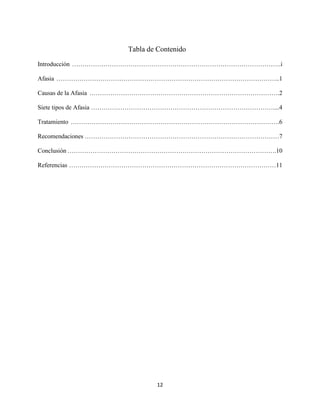 Tabla de Contenido
Introducción ……………………………………………………………………………………….i

Afasia ……………………………………………………………………………………………..1

Causas de la Afasia ……………………………………………………………………………….2

Siete tipos de Afasia ……………………………………………………………………………....4

Tratamiento ……………………………………………………………………………………….6

Recomendaciones …………………………………………………………………………………7

Conclusión ……………………………………………………………………………………….10

Referencias ………………………………………………………………………………………11




                             12
 