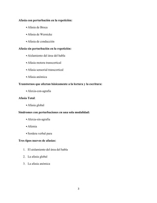 Afasia con perturbación en la repetición:

      Afasia   de Broca

      Afasia   de Wernicke

      Afasia   de conducción

Afasia sin perturbación en la repetición:

      Aislamiento    del área del habla

      Afasia   motora transcortical

      Afasia   sensorial transcortical

      Afasia   anómica

Transtornos que afectan básicamente a la lectura y la escritura:

      Alexia-con-agrafia

Afasia Total:

      Afasia   global

Síndromes con perturbaciones en una sola modalidad:

      Alexia-sin-agrafia

      Afemia

      Sordera verbal    pura

Tres tipos nuevos de afasias:

   1. El aislamiento del área del habla

   2. La afasia global

   3. La afasia anómica




                                             3
 