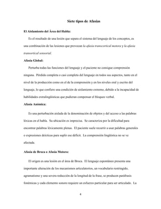 Siete tipos de Afasias

El Aislamiento del Área del Habla:

   Es el resultado de una lesión que separa el sistema del lenguaje de los conceptos, es

una combinación de las lesiones que provocan la afasia transcortical motora y la afasia

transortical sensorial.

Afasia Global:

   Perturba todas las funciones del lenguaje y el paciente no consigue comprensión

ninguna. Pérdida completa o casi completa del lenguaje en todos sus aspectos, tanto en el

nivel de la producción como en el de la comprensión y en los niveles oral y escrito del

lenguaje, lo que confiere una condición de aislamiento extremo, debido a la incapacidad de

habilidades extralingüísticas que pudieran compensar el bloqueo verbal.

Afasia Anómica:

   Es una perturbación aislada de la denominación de objetos y del acceso a las palabras

léxicas en el habla. Su ubicación es imprecisa. Se caracteriza por la dificultad para

encontrar palabras léxicamente plenas. El paciente suele recurrir a usar palabras generales

o expresiones deícticas para suplir ese déficit. La comprensión lingüística no se ve

afectada.

Afasia de Broca o Afasia Motora:

   El origen es una lesión en el área de Broca. El lenguaje espontáneo presenta una

importante alteración de los mecanismos articulatorios, un vocabulario restringido,

agramatismo y una severa reducción de la longitud de la frase, se producen paráfrasis

fonémicas y cada elemento sonoro requiere un esfuerzo particular para ser articulado. La


                                             4
 