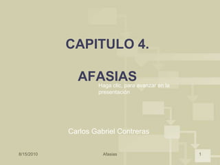 8/15/2010 Afasias 1 CAPITULO 4. AFASIAS Haga clic, para avanzar en la presentación Carlos Gabriel Contreras 