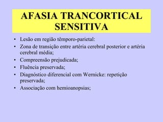 AFASIA TRANCORTICAL SENSITIVA Lesão em região têmporo-parietal: Zona de transição entre artéria cerebral posterior e artéria cerebral média;  Compreensão prejudicada; Fluência preservada; Diagnóstico diferencial com Wernicke: repetição preservada;  Associação com hemioanopsias; 