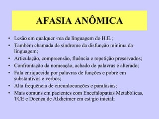 AFASIA ANÔMICA Lesão em qualquer área de linguagem do H.E.;  Também chamada de síndrome da disfunção mínima da linguagem; Articulação, compreensão, fluência e repetição preservados; Confrontação da nomeação, achado de palavras é alterado; Fala enriquecida por palavras de funções e pobre em substantivos e verbos; Alta frequência de circunlocunções e parafasias; Mais comuns em pacientes com Encefalopatias Metabólicas, TCE e Doença de Alzheimer em estágio inicial; 