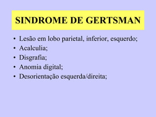 SINDROME DE GERTSMAN Lesão em lobo parietal, inferior, esquerdo; Acalculia; Disgrafia; Anomia digital; Desorientação esquerda/direita; 